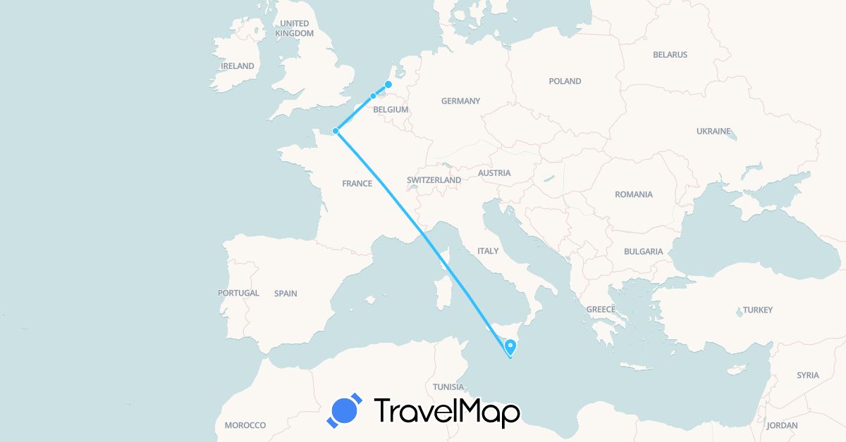 TravelMap itinerary: driving, boat in Belgium, France, Malta, Netherlands (Europe)